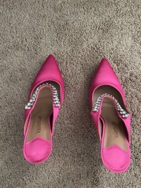 Pink Satin Pointed Mule Heels with Crystal Trim